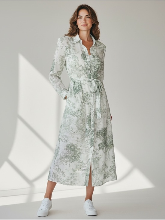 Alex Marie Dresses & Skirts - Alex Marie White and Sage Green Printed High-Low Shirt Dress